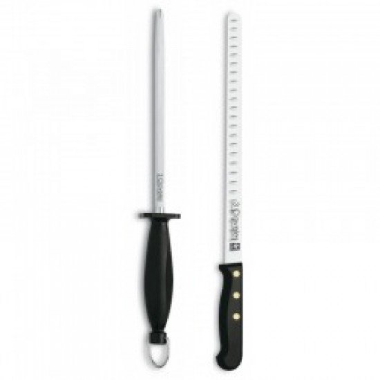 3 Claveles POM - Kit Cuchillo Jamonero Profesional Alveolado 29 cm y Chaira 01721