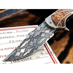 CavedonArt Bushrider Flipper  - Acero Damasco Mosaico - Titanio / Madera de Amboina