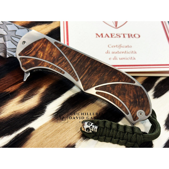 CavedonArt Bushrider Flipper  - Acero Damasco Mosaico - Titanio / Madera de Amboina