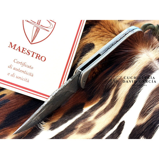 CavedonArt Bushrider Flipper  - Acero Damasco Mosaico - Titanio / Madera de Amboina