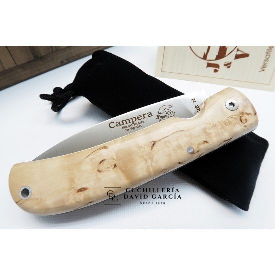 J&V Cuchillos de Aventura Campera Madera de Abedul Rizado Acero14C28N J&V Cuchillos de Aventura Campera Madera de Abedul Rizado Acero14C28N