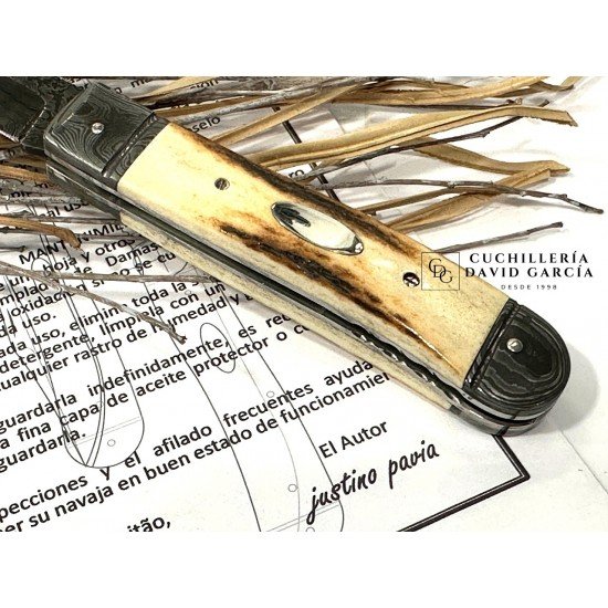 Justino Pavia Trapper Mediano Acero Damasco /Asta de Ciervo