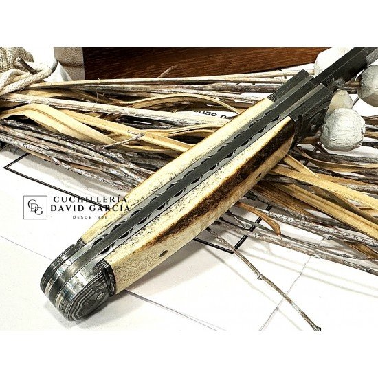 Justino Pavia Trapper Mediano Acero Damasco /Asta de Ciervo