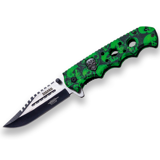 Navaja JKR0622  Apertura asistida Motivo Calaveras Verde